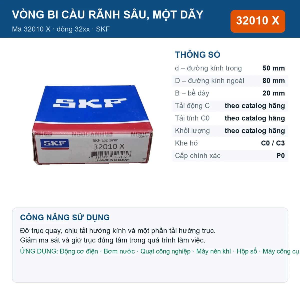 Vòng bi SKF 32010 X — kích thước 50x80x20mm