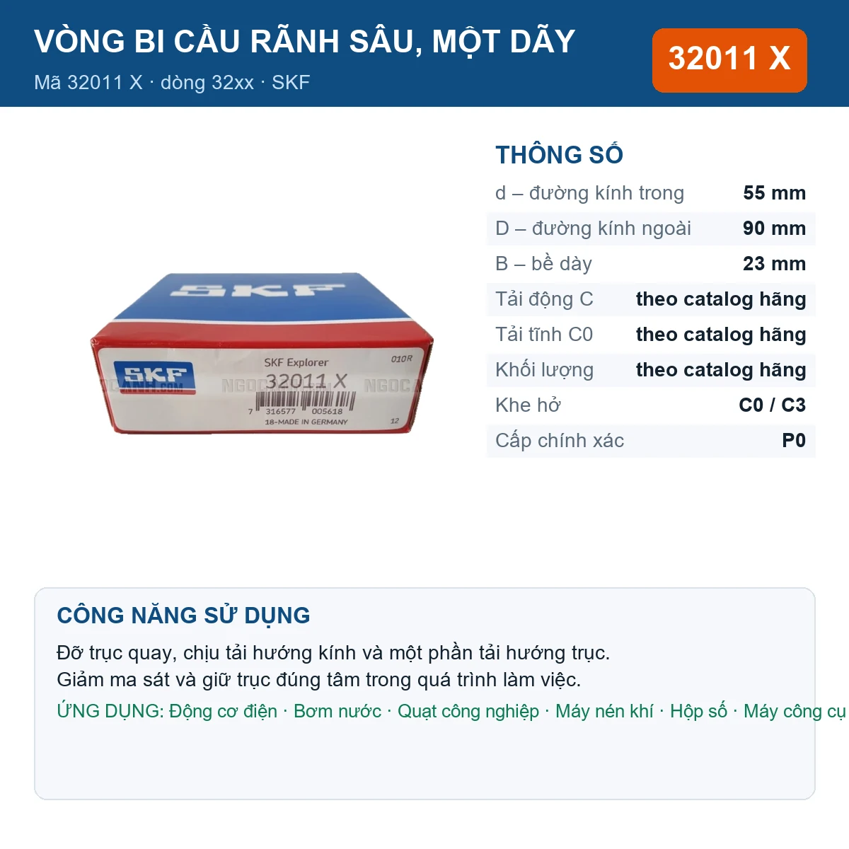 Vòng bi SKF 32011 X — kích thước 55x90x23mm