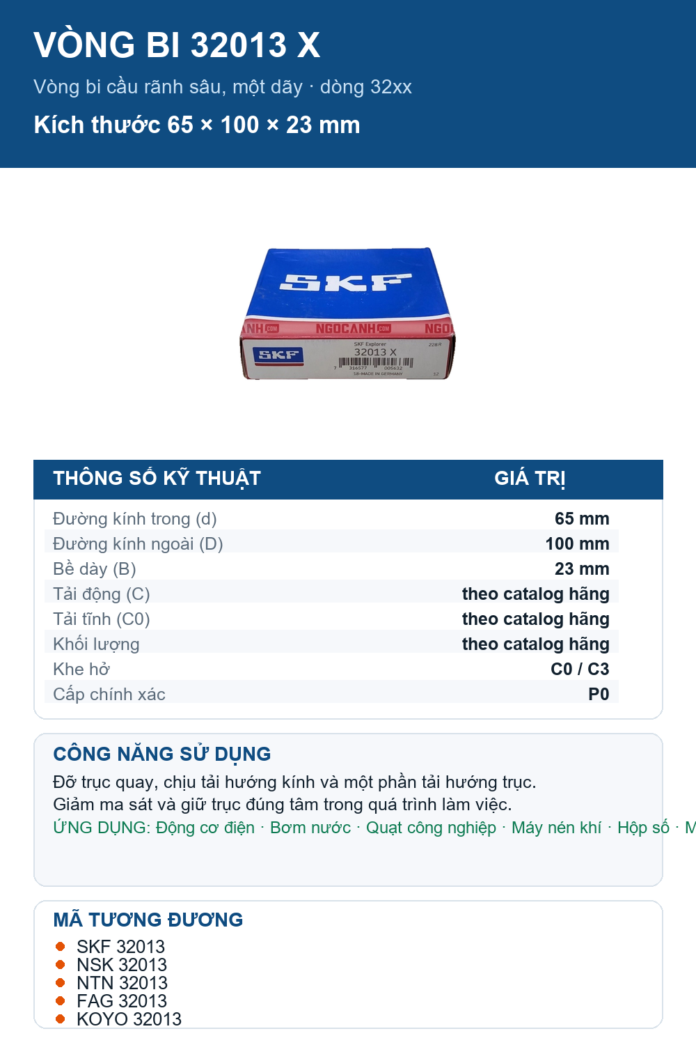 Vòng bi SKF 32013 X 65x100x23mm — Ảnh thông số (Pinterest)