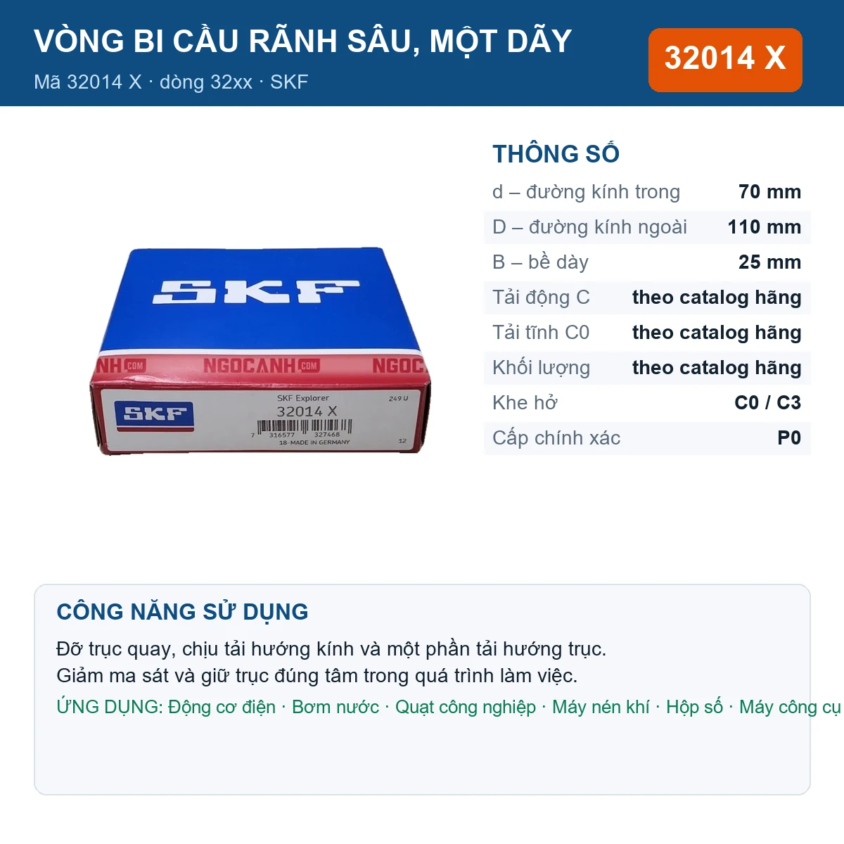 Vòng bi SKF 32014 X — kích thước 70x110x25mm