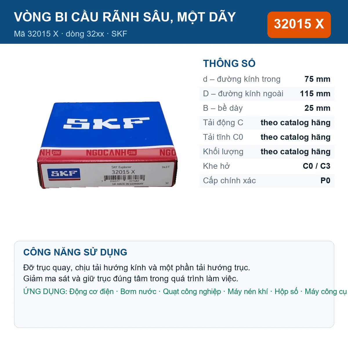 Vòng bi SKF 32015 X — kích thước 75x115x25mm