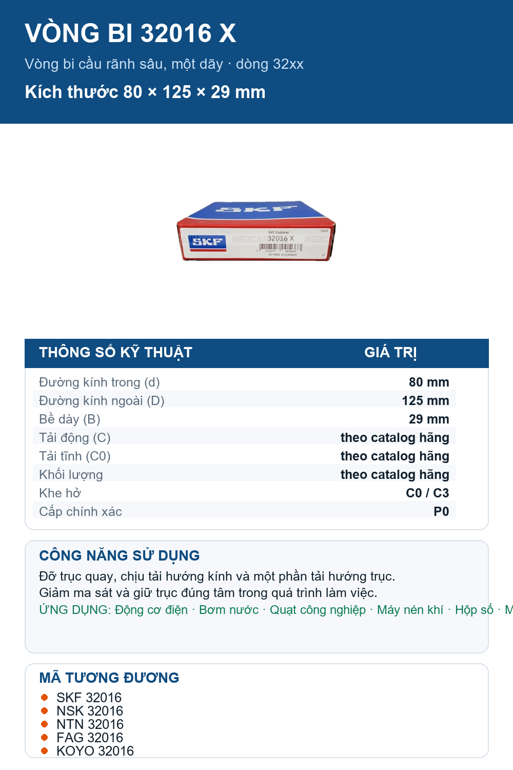 Vòng bi SKF 32016 X 80x125x29mm — Ảnh thông số (Pinterest)
