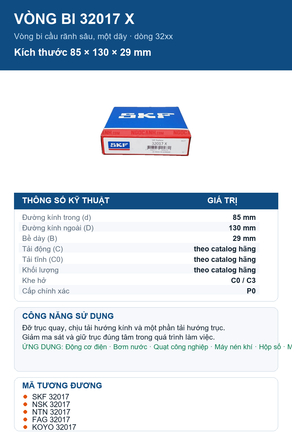 Vòng bi SKF 32017 X 85x130x29mm — Ảnh thông số (Pinterest)