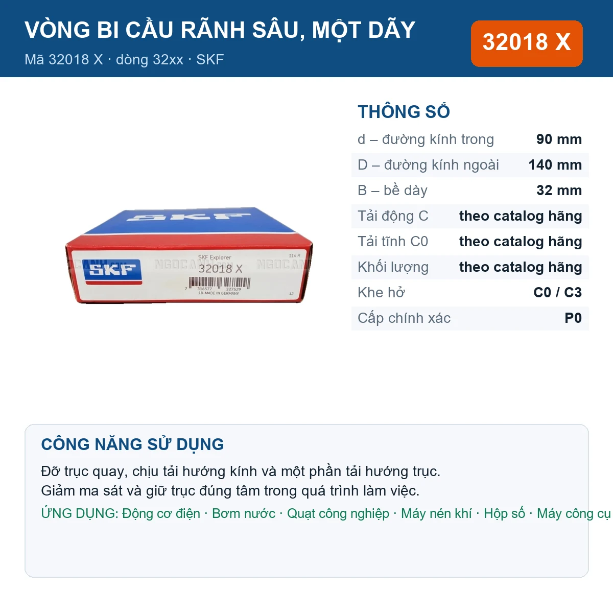 Vòng bi SKF 32018 X — kích thước 90x140x32mm