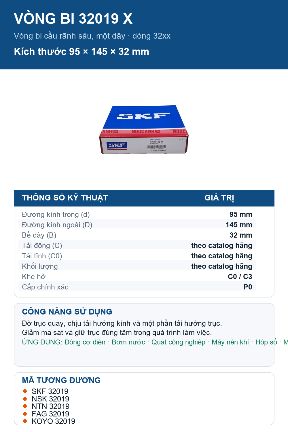 Vòng bi SKF 32019 X 95x145x32mm — Ảnh thông số (Pinterest)