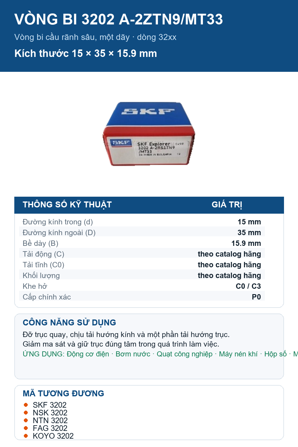 Vòng bi SKF 3202 A-2ZTN9/MT33 15x35x15.9mm — Ảnh thông số (Pinterest)