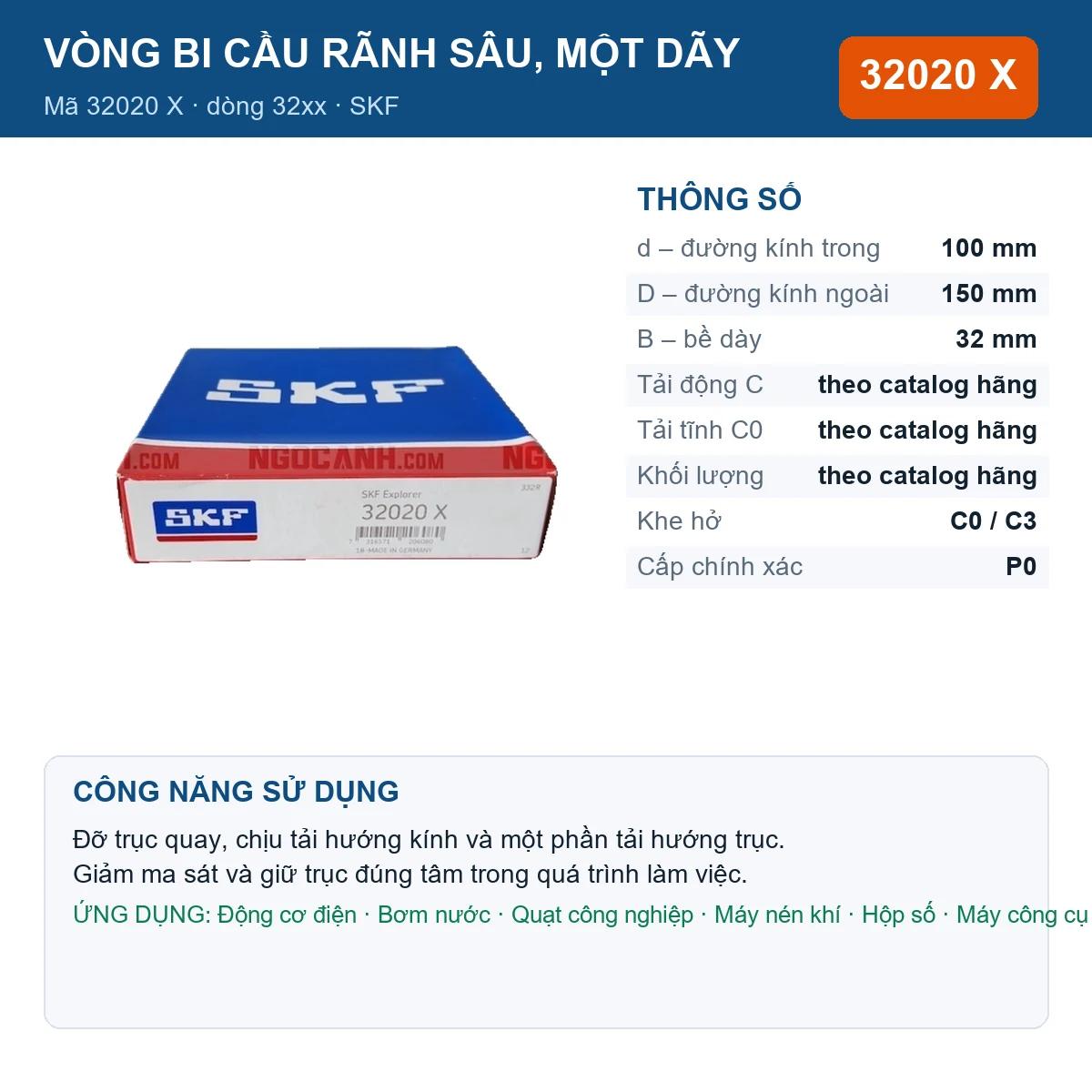 Vòng bi SKF 32020 X — kích thước 100x150x32mm