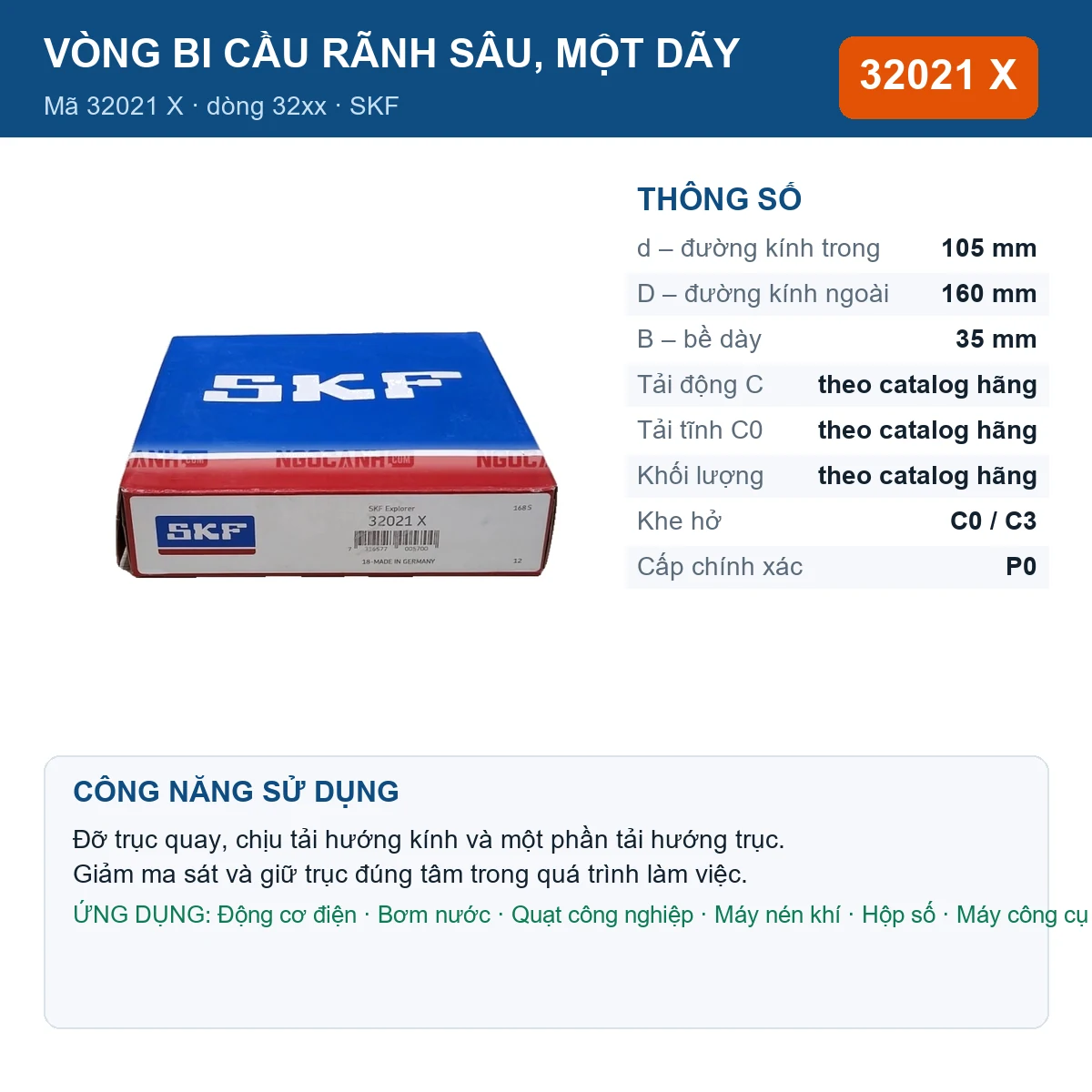 Vòng bi SKF 32021 X — kích thước 105x160x35mm