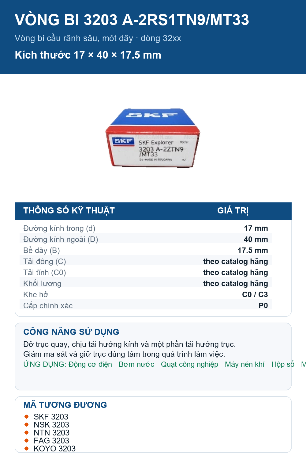 Vòng bi SKF 3203 A-2RS1TN9/MT33 17x40x17.5mm — Ảnh thông số (Pinterest)