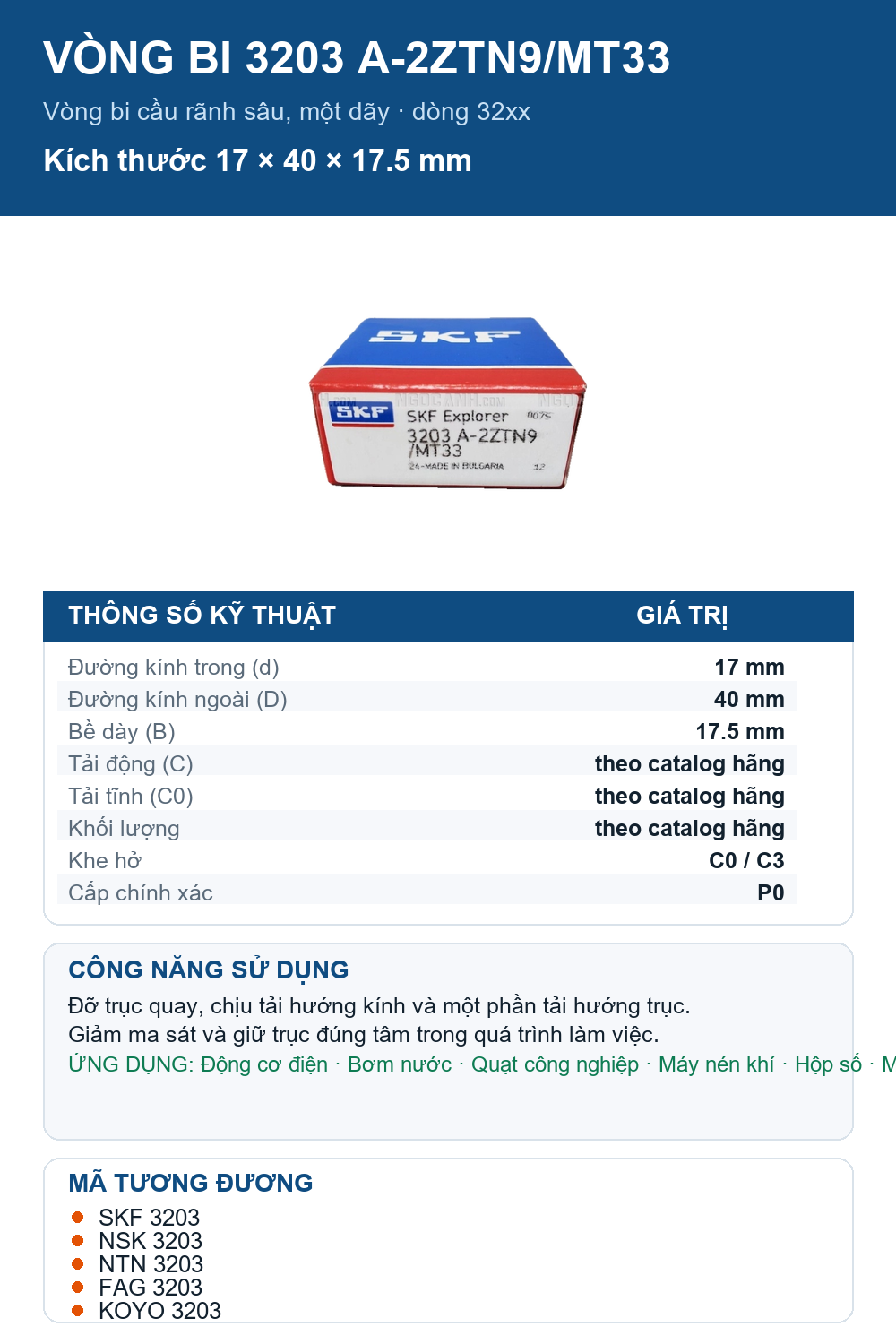 Vòng bi SKF 3203 A-2ZTN9/MT33 17x40x17.5mm — Ảnh thông số (Pinterest)