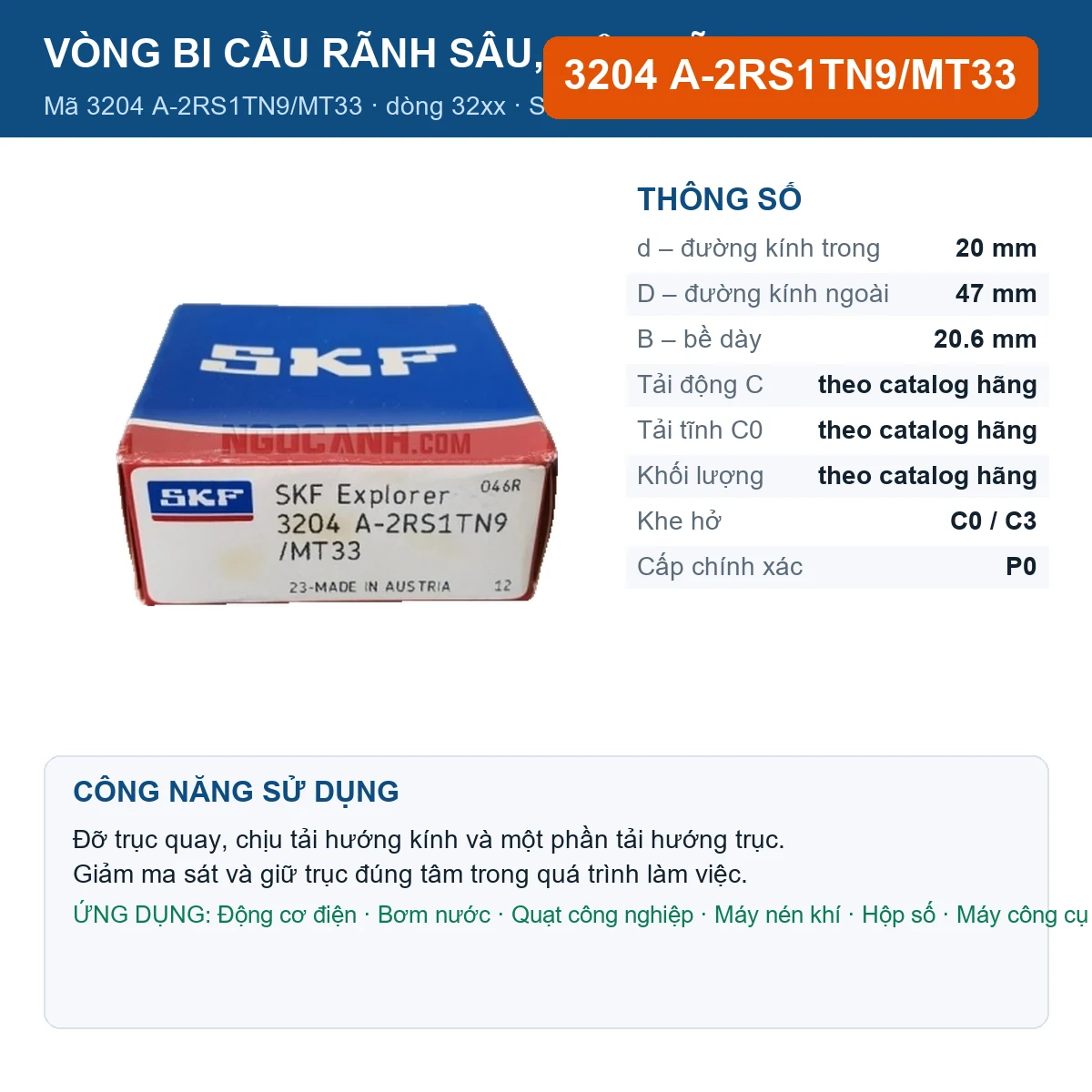 Vòng bi SKF 3204 A-2RS1TN9/MT33 — kích thước 20x47x20.6mm