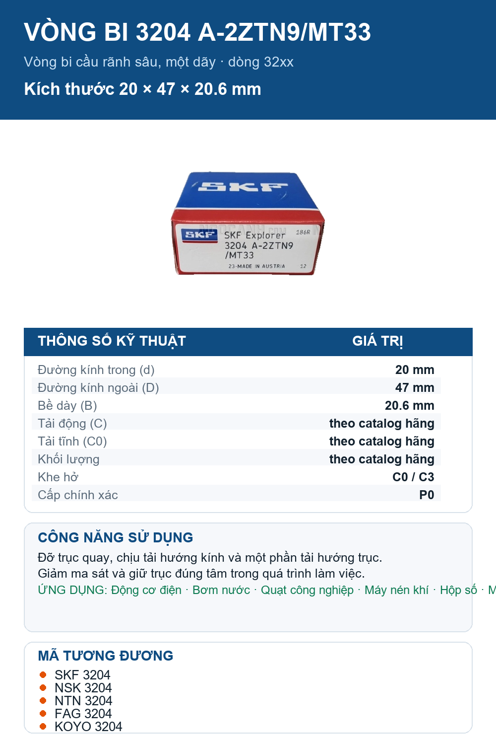 Vòng bi SKF 3204 A-2ZTN9/MT33 20x47x20.6mm — Ảnh thông số (Pinterest)