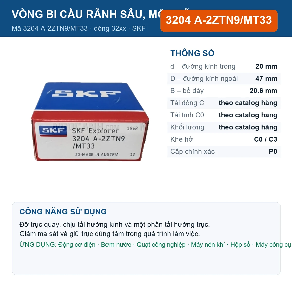 Vòng bi SKF 3204 A-2ZTN9/MT33 — kích thước 20x47x20.6mm