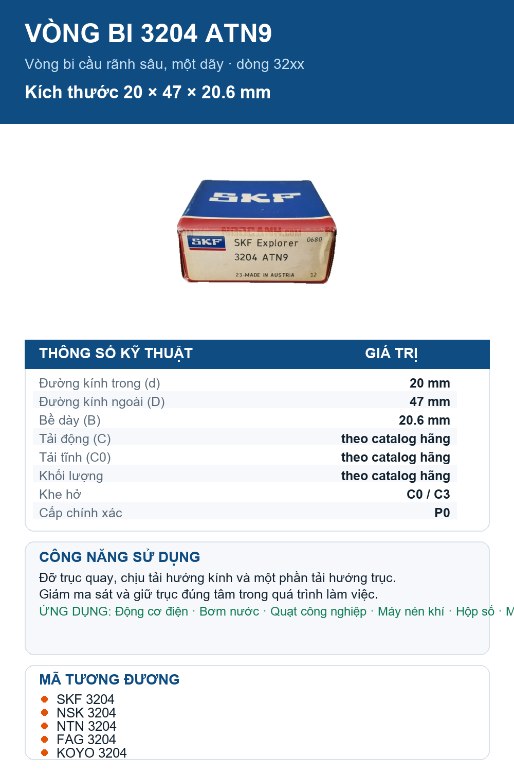 Vòng bi SKF 3204 ATN9 20x47x20.6mm — Ảnh thông số (Pinterest)