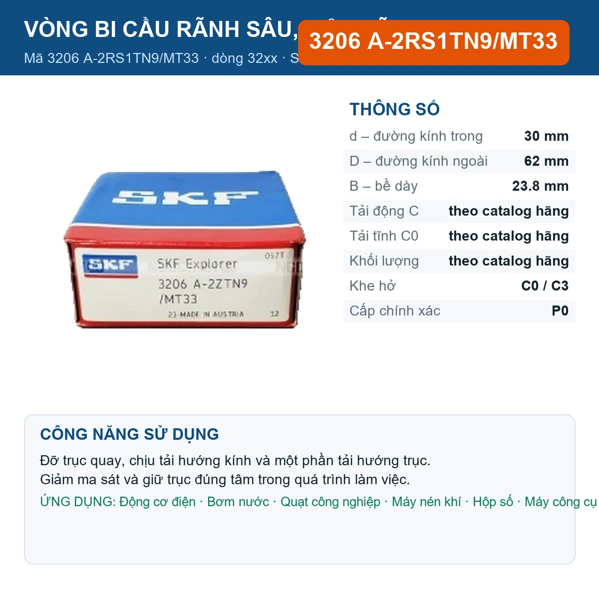 Vòng bi SKF 3206 A-2RS1TN9/MT33 — kích thước 30x62x23.8mm