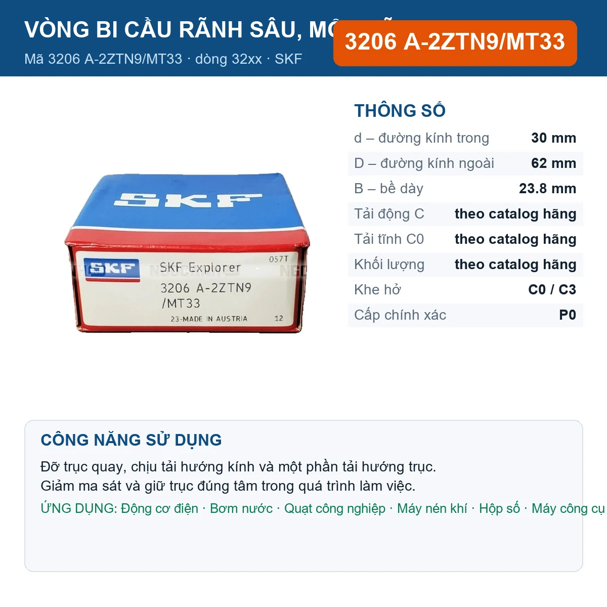 Vòng bi SKF 3206 A-2ZTN9/MT33 — kích thước 30x62x23.8mm