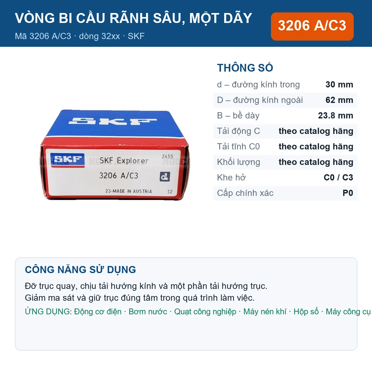 Vòng bi SKF 3206 A/C3 — kích thước 30x62x23.8mm