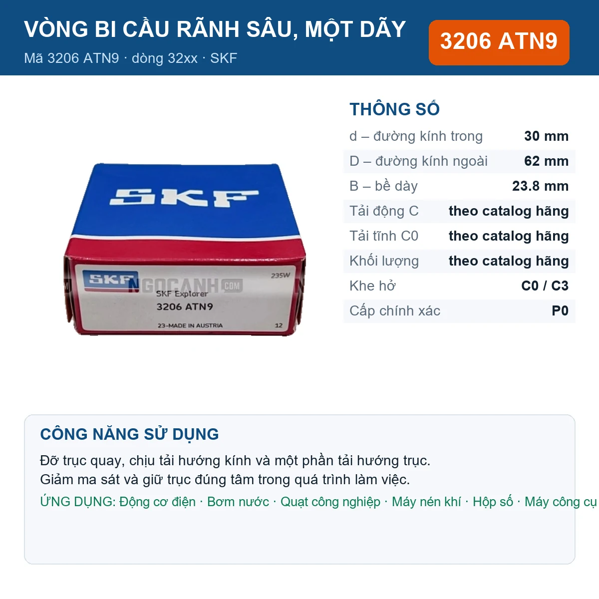 Vòng bi SKF 3206 ATN9 — kích thước 30x62x23.8mm