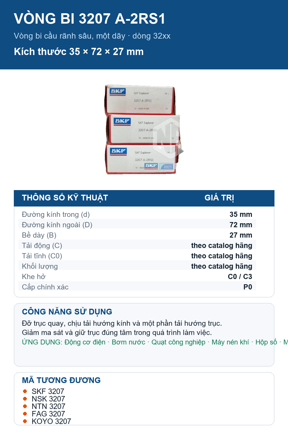 Vòng bi SKF 3207 A-2RS1 35x72x27mm — Ảnh thông số (Pinterest)