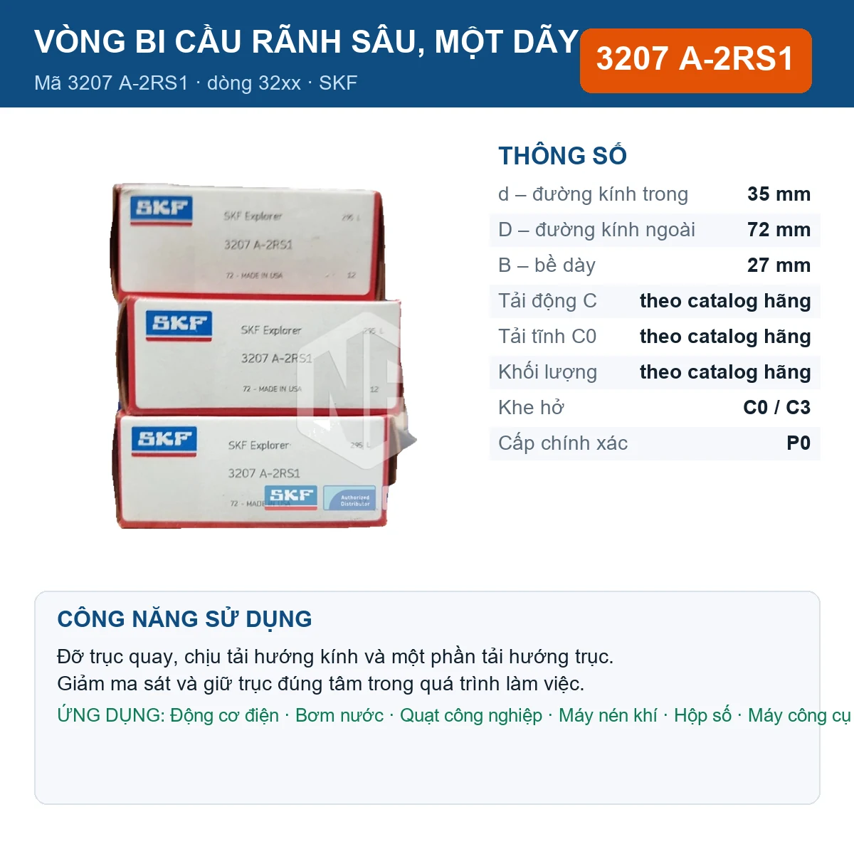 Vòng bi SKF 3207 A-2RS1 — kích thước 35x72x27mm