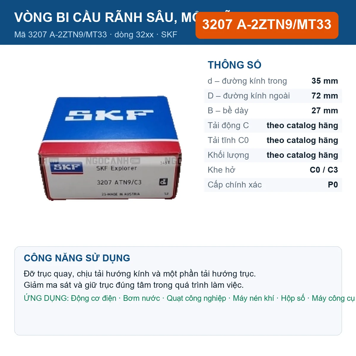 Vòng bi SKF 3207 A-2ZTN9/MT33 — kích thước 35x72x27mm