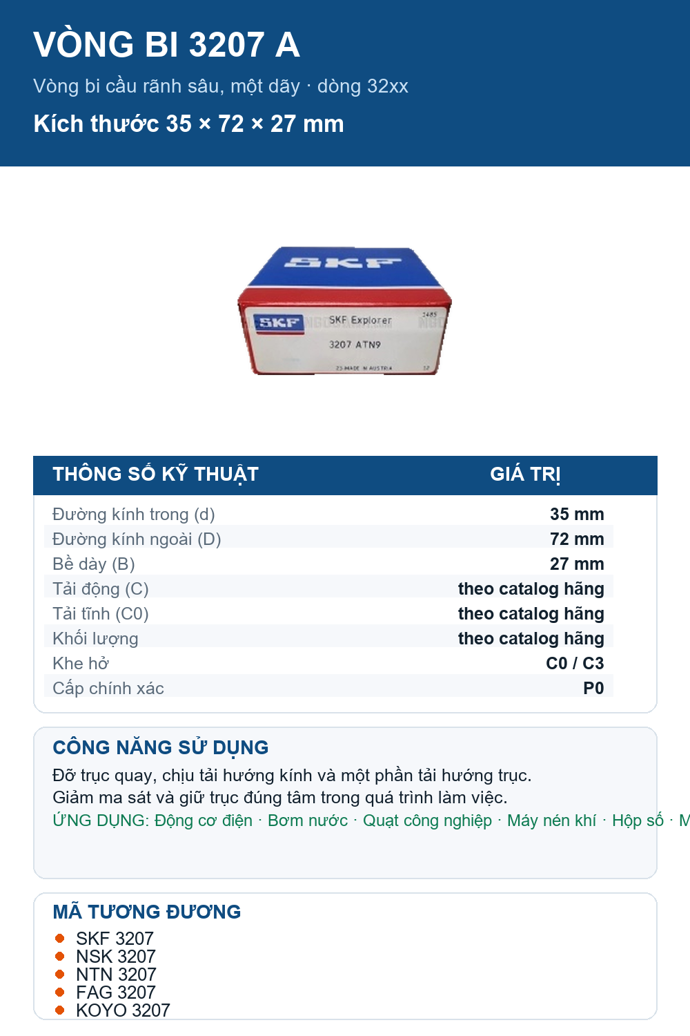 Vòng bi SKF 3207 A 35x72x27mm — Ảnh thông số (Pinterest)