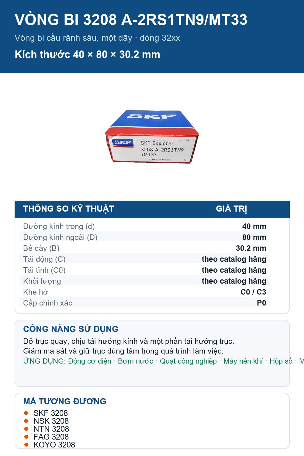 Vòng bi SKF 3208 A-2RS1TN9/MT33 40x80x30.2mm — Ảnh thông số (Pinterest)