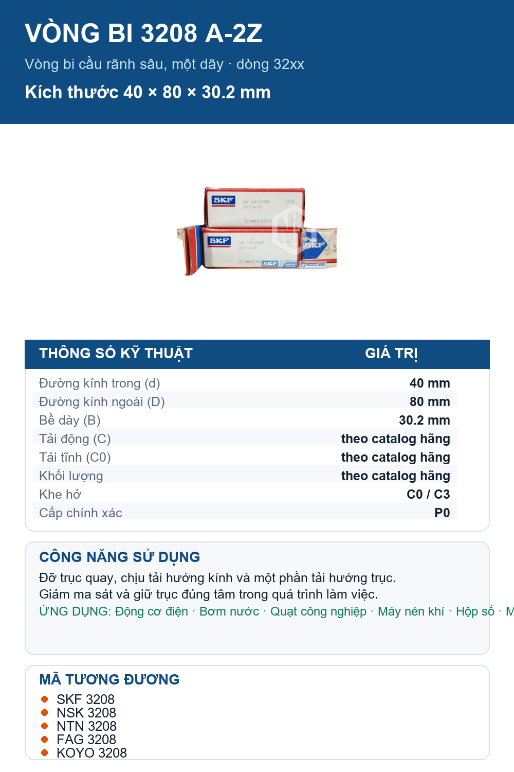 Vòng bi SKF 3208 A-2Z 40x80x30.2mm — Ảnh thông số (Pinterest)