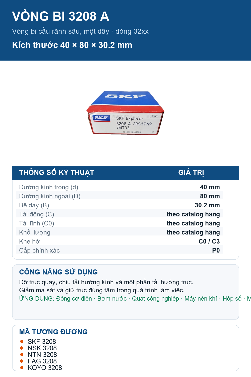 Vòng bi SKF 3208 A 40x80x30.2mm — Ảnh thông số (Pinterest)