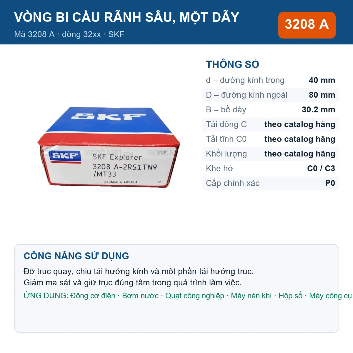 Vòng bi SKF 3208 A — kích thước 40x80x30.2mm