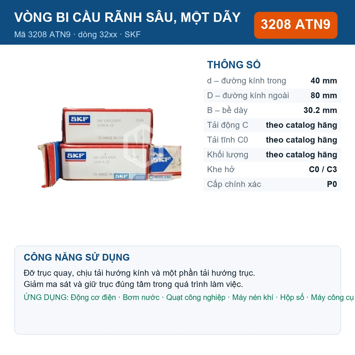Vòng bi SKF 3208 ATN9 — kích thước 40x80x30.2mm