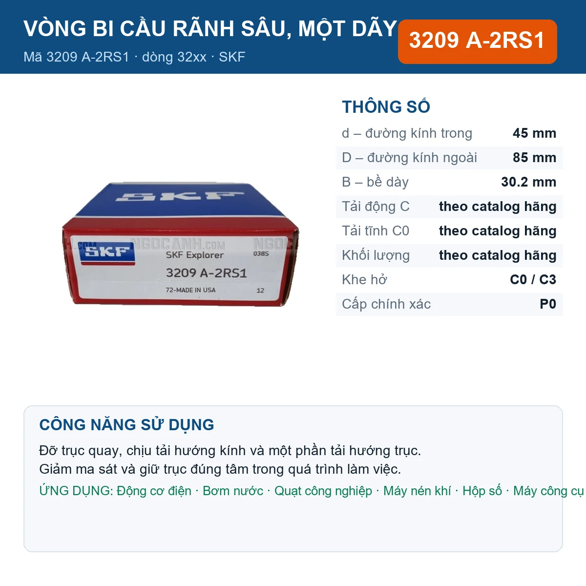 Vòng bi SKF 3209 A-2RS1 — kích thước 45x85x30.2mm