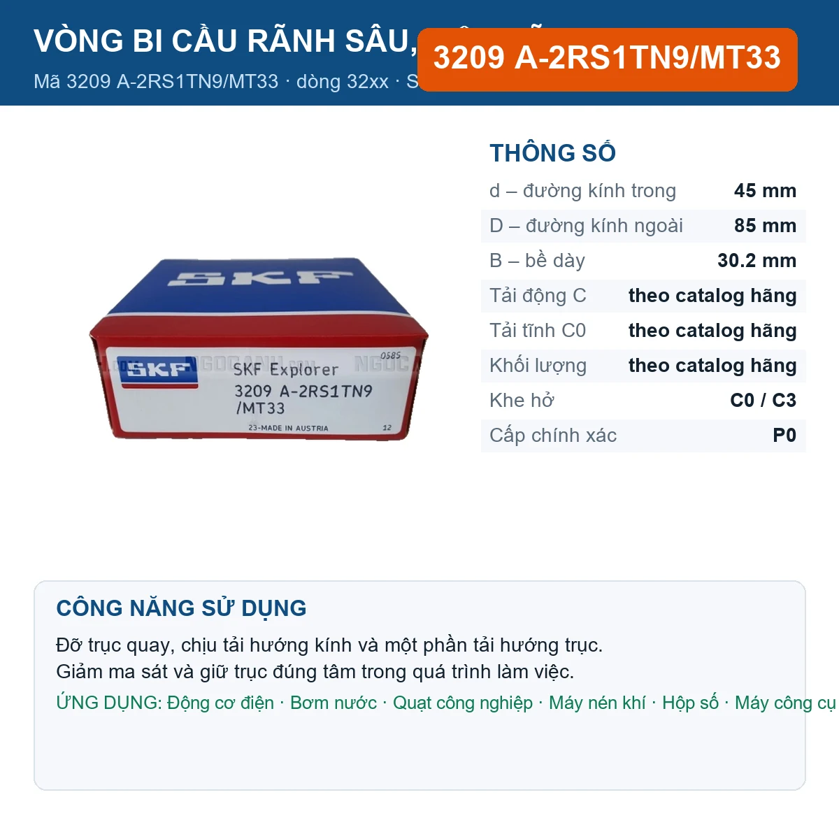 Vòng bi SKF 3209 A-2RS1TN9/MT33 — kích thước 45x85x30.2mm