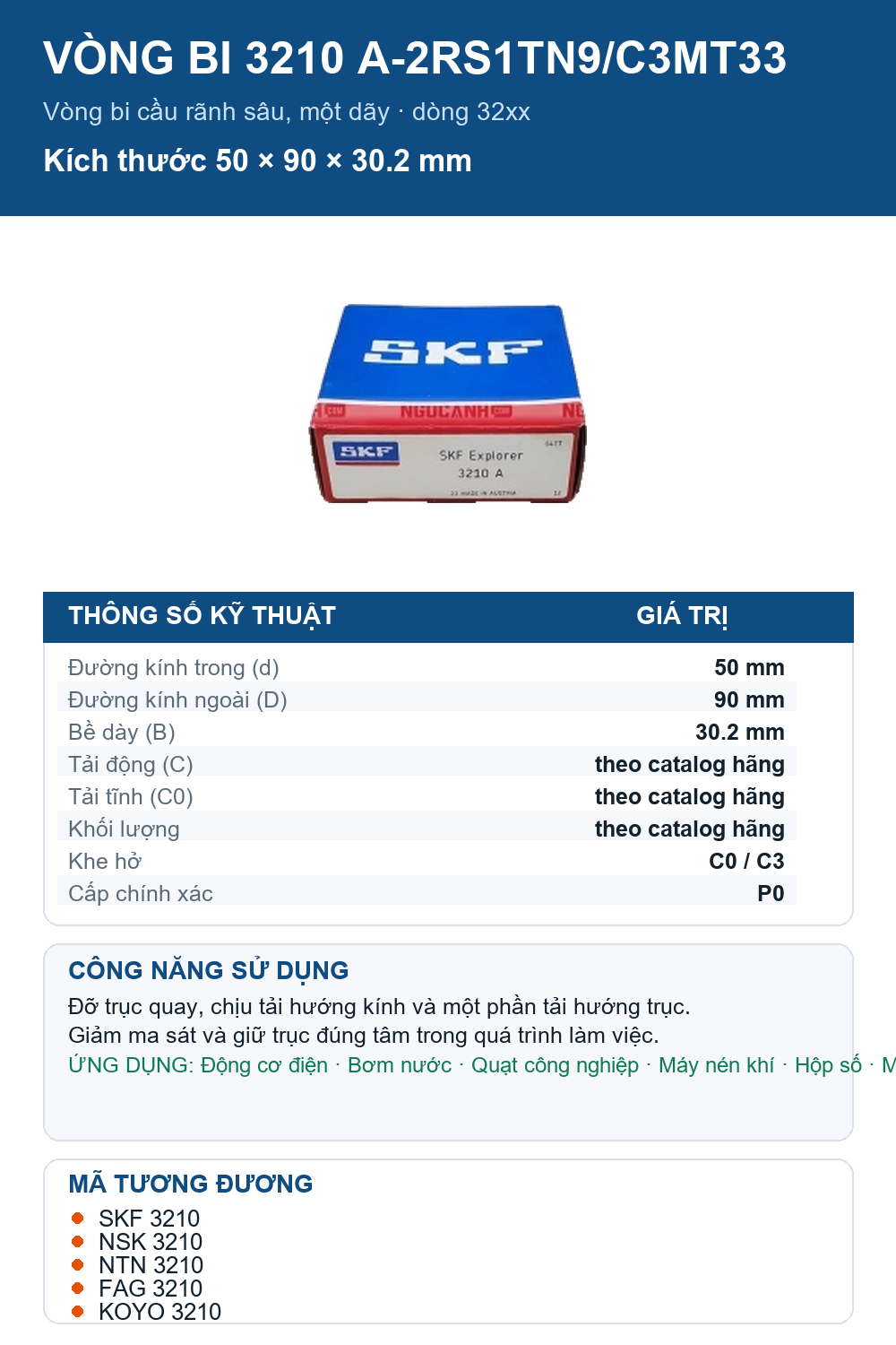 Vòng bi SKF 3210 A-2RS1TN9/C3MT33 50x90x30.2mm — Ảnh thông số (Pinterest)