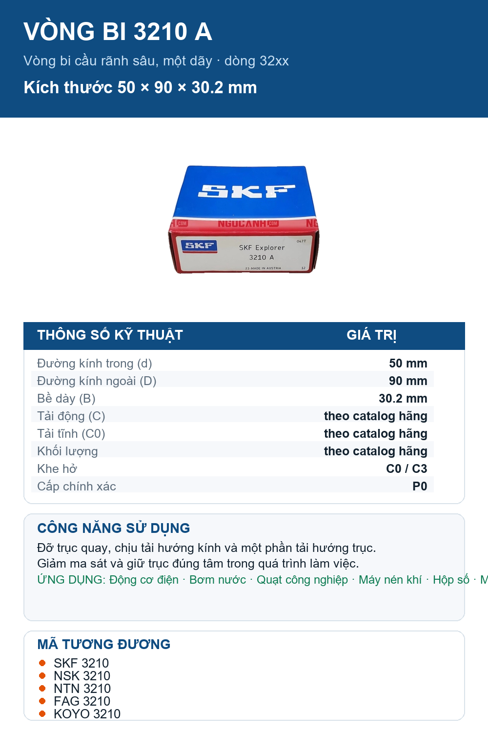 Vòng bi SKF 3210 A 50x90x30.2mm — Ảnh thông số (Pinterest)