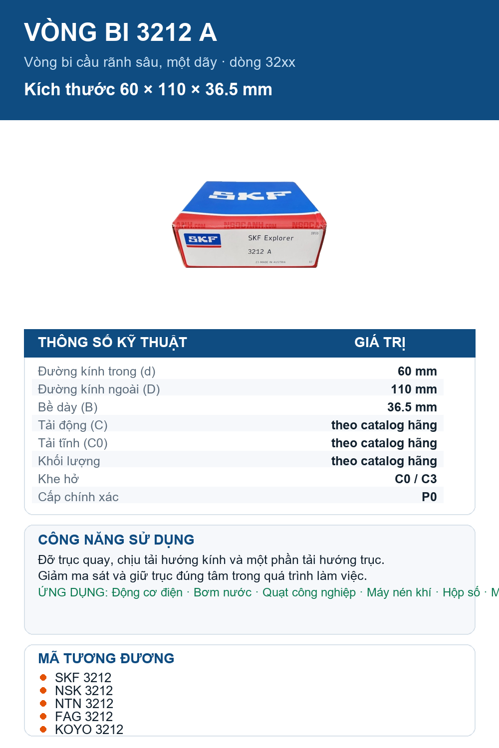 Vòng bi SKF 3212 A 60x110x36.5mm — Ảnh thông số (Pinterest)
