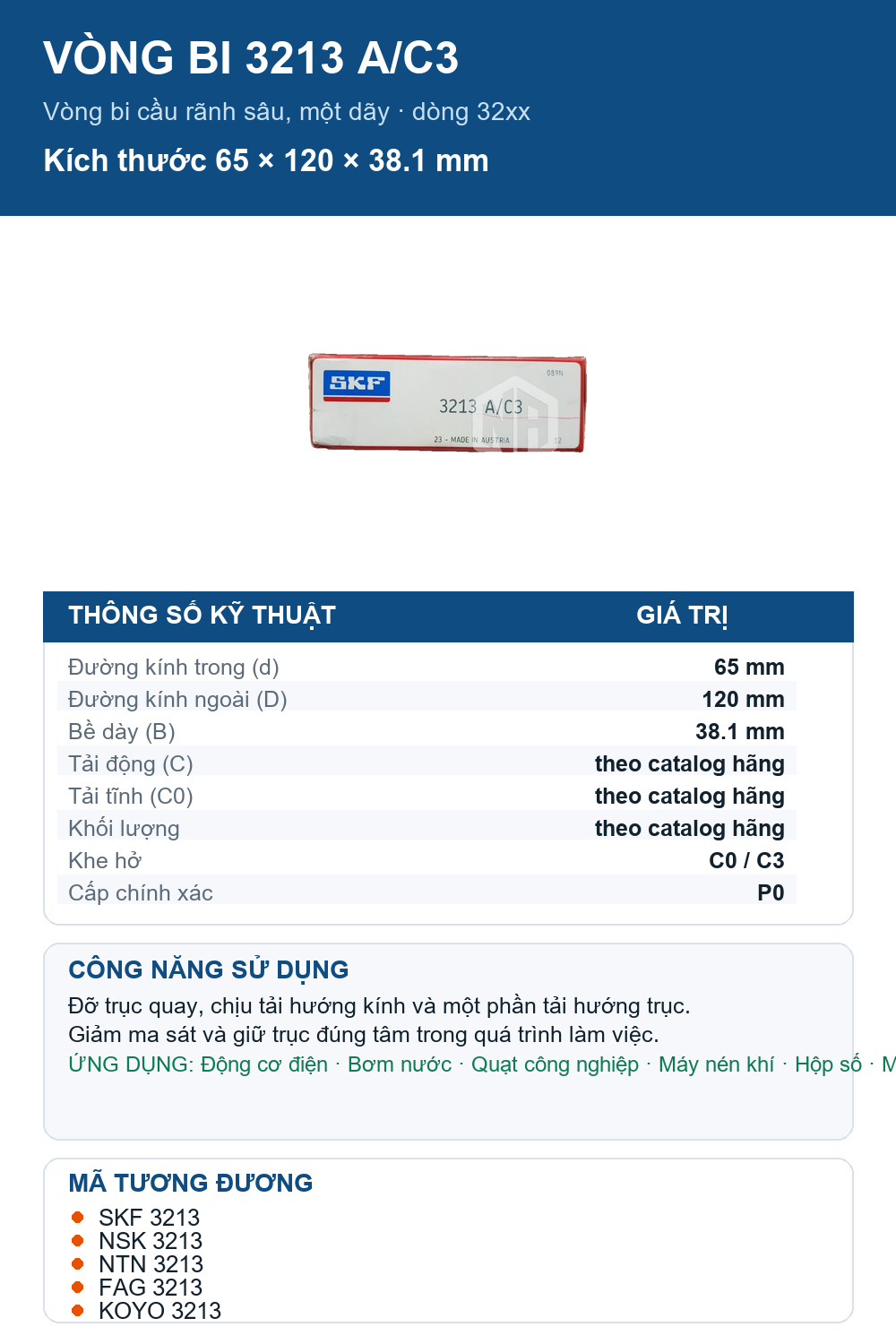 Vòng bi SKF 3213 A/C3 65x120x38.1mm — Ảnh thông số (Pinterest)