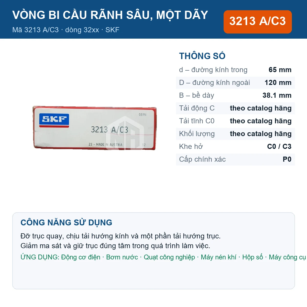 Vòng bi SKF 3213 A/C3 — kích thước 65x120x38.1mm