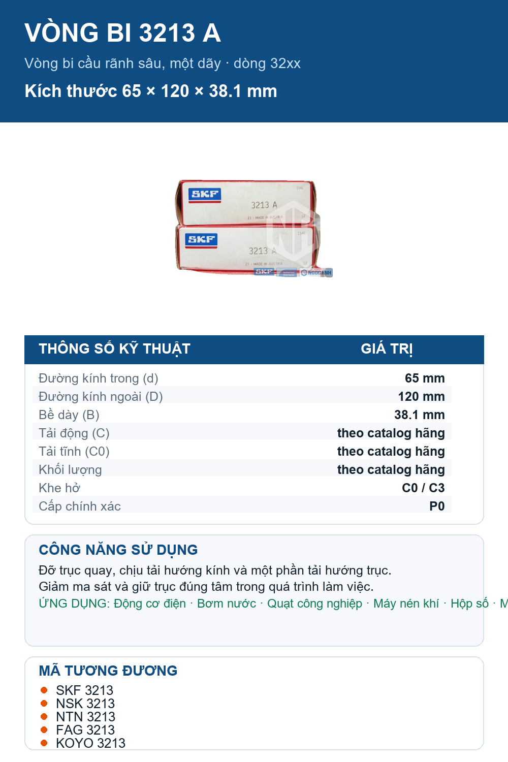 Vòng bi SKF 3213 A 65x120x38.1mm — Ảnh thông số (Pinterest)