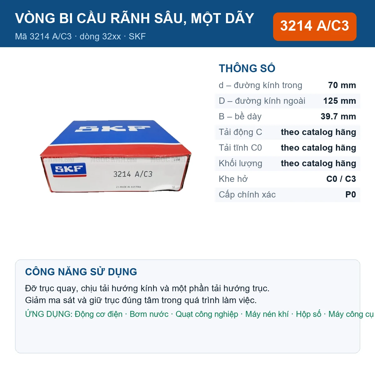 Vòng bi SKF 3214 A/C3 — kích thước 70x125x39.7mm