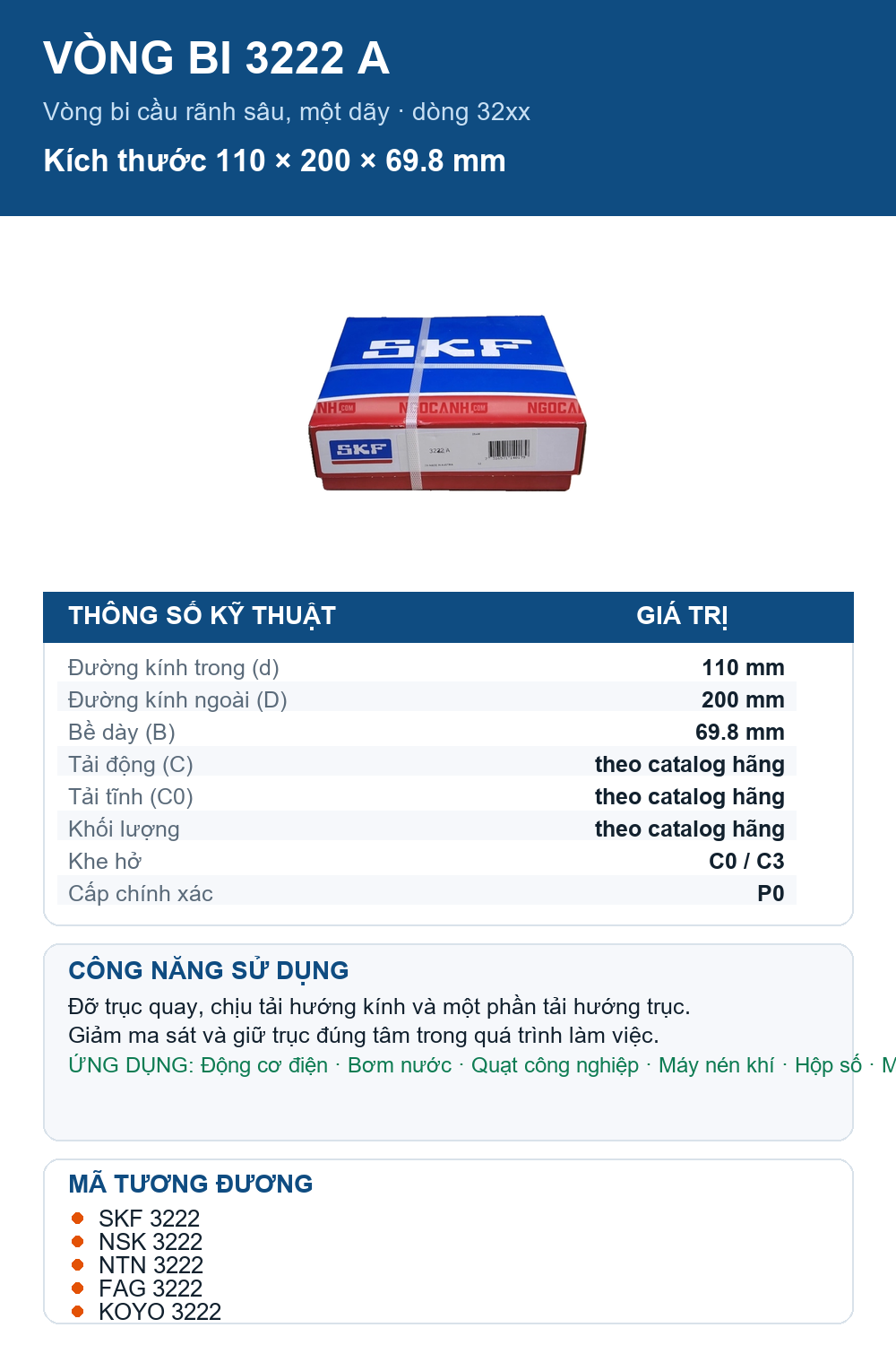 Vòng bi SKF 3222 A 110x200x69.8mm — Ảnh thông số (Pinterest)