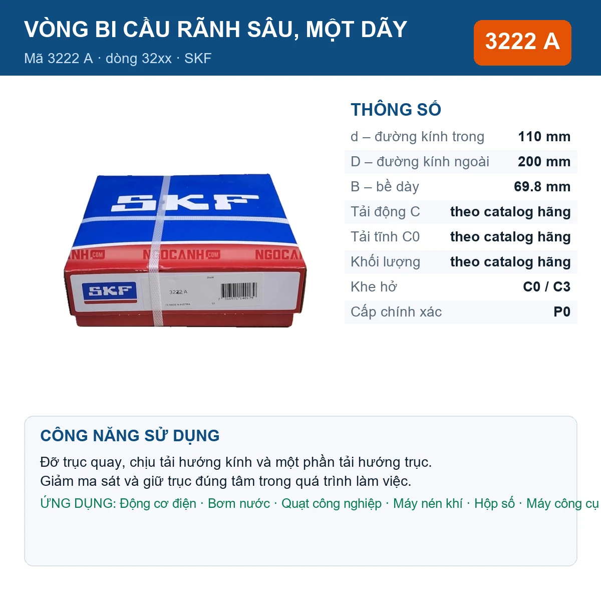 Vòng bi SKF 3222 A — kích thước 110x200x69.8mm