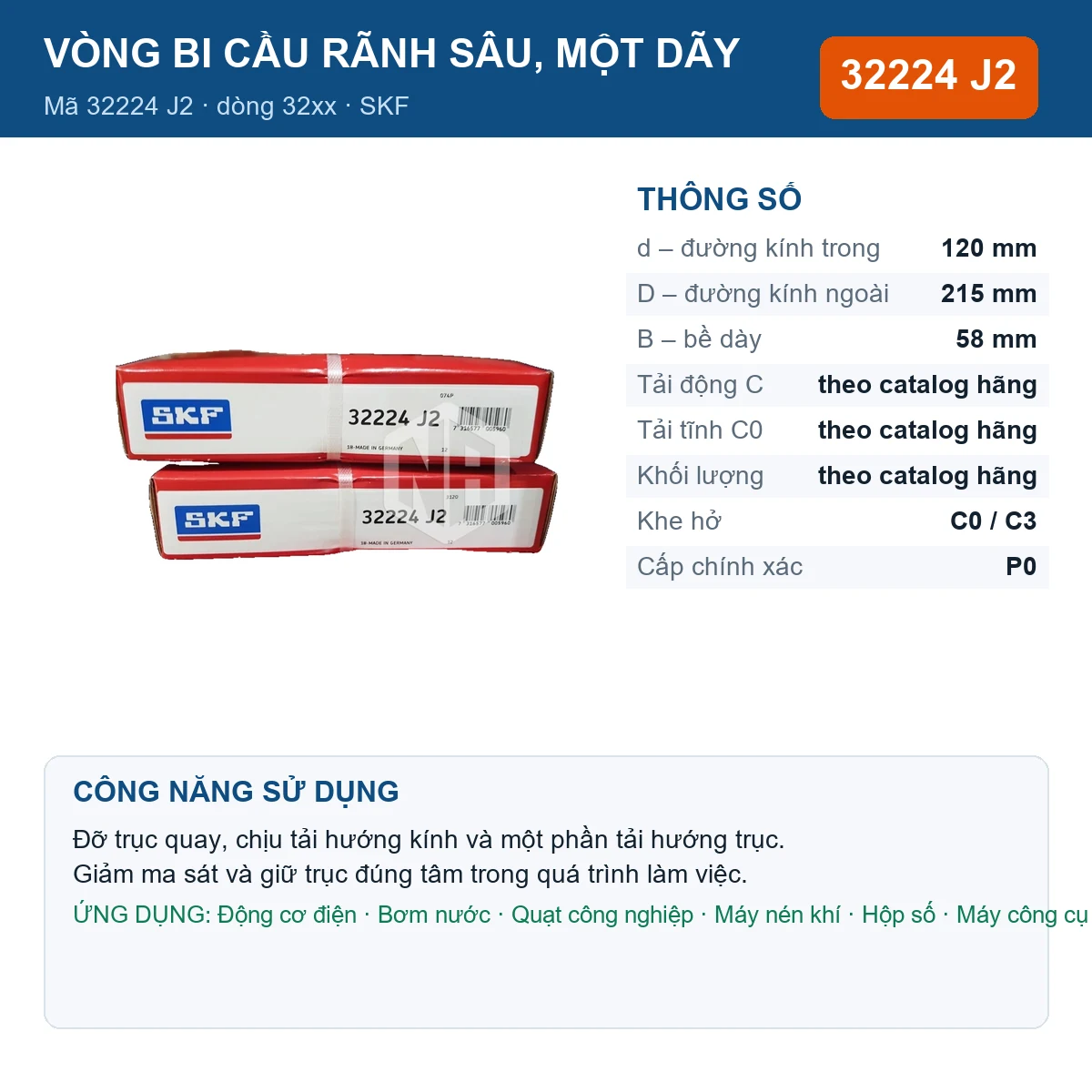 Vòng bi SKF 32224 J2 — kích thước 120x215x58mm