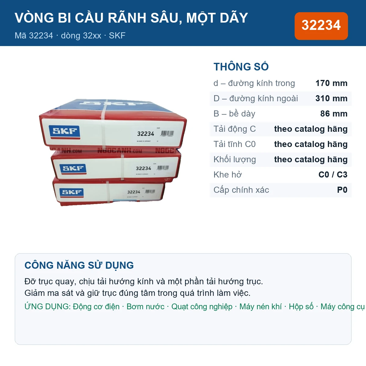 Vòng bi SKF 32234 — kích thước 170x310x86mm
