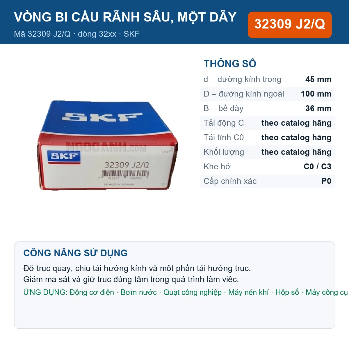Vòng bi SKF 32309 J2/Q — kích thước 45x100x36mm