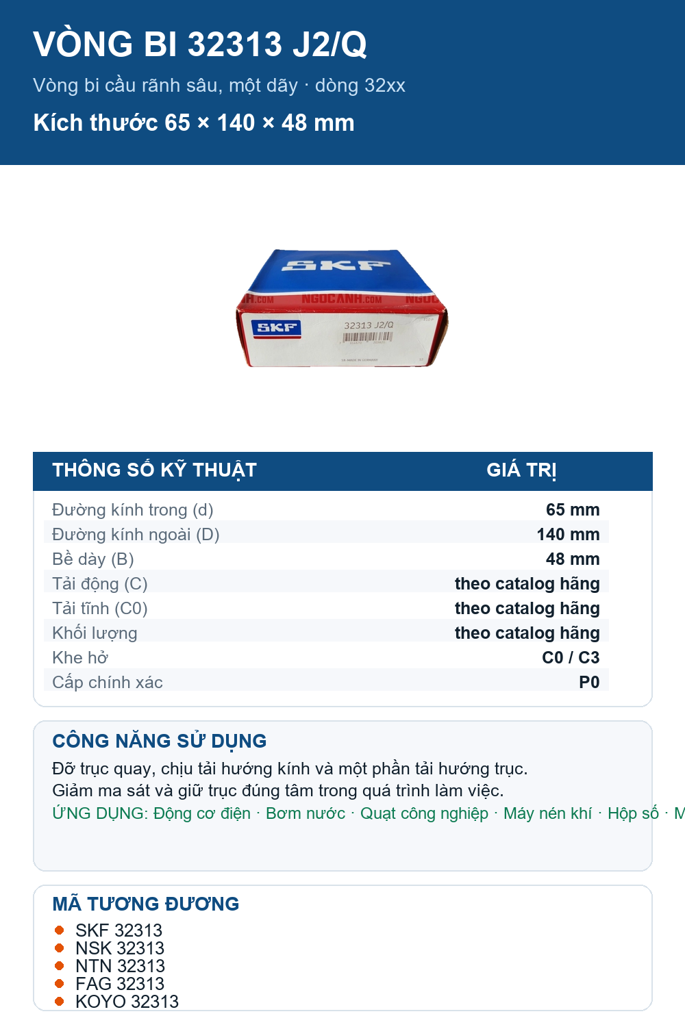 Vòng bi SKF 32313 J2/Q 65x140x48mm — Ảnh thông số (Pinterest)