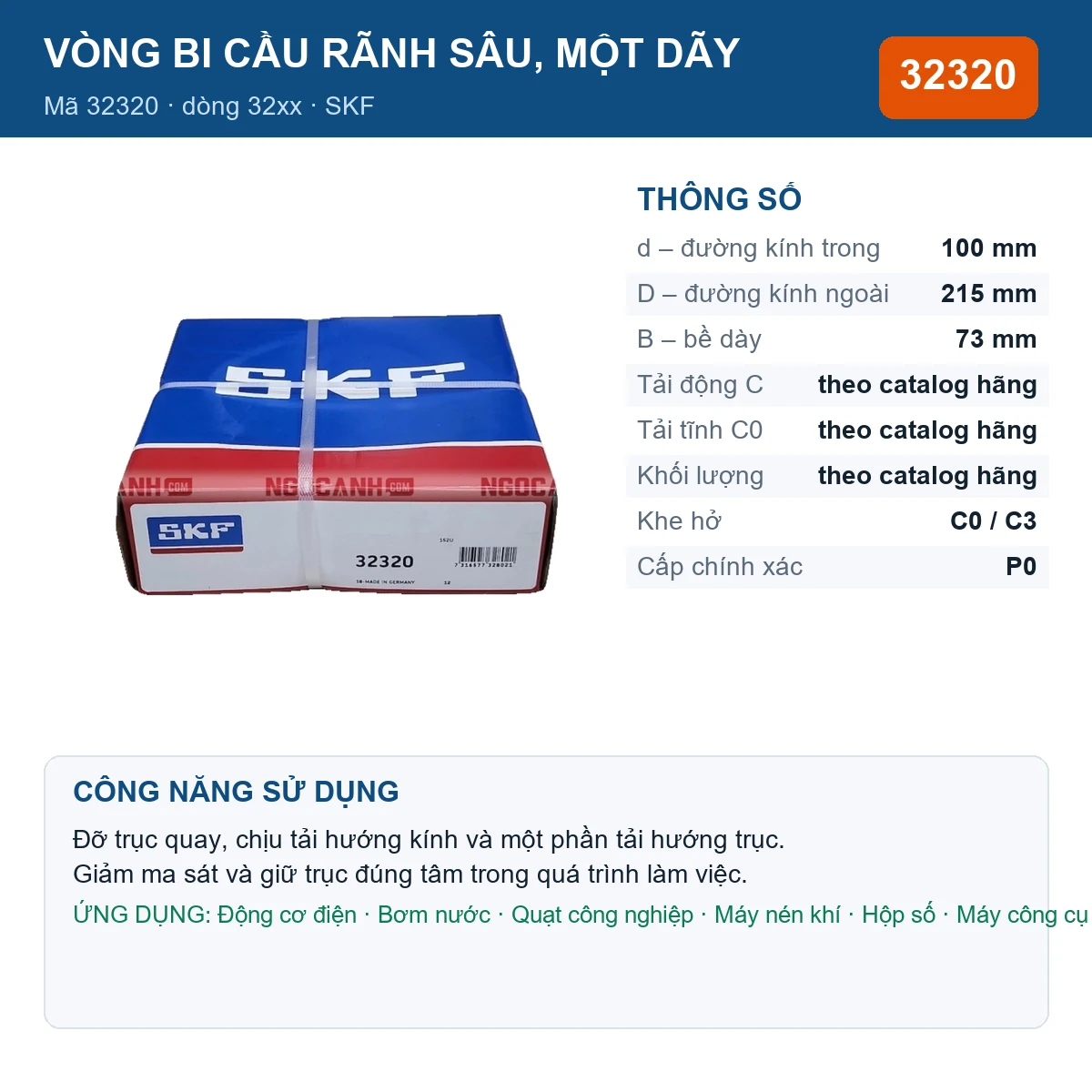Vòng bi SKF 32320 — kích thước 100x215x73mm