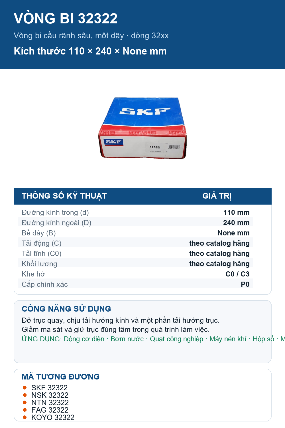 Vòng bi SKF 32322 110x240mm — Ảnh thông số (Pinterest)