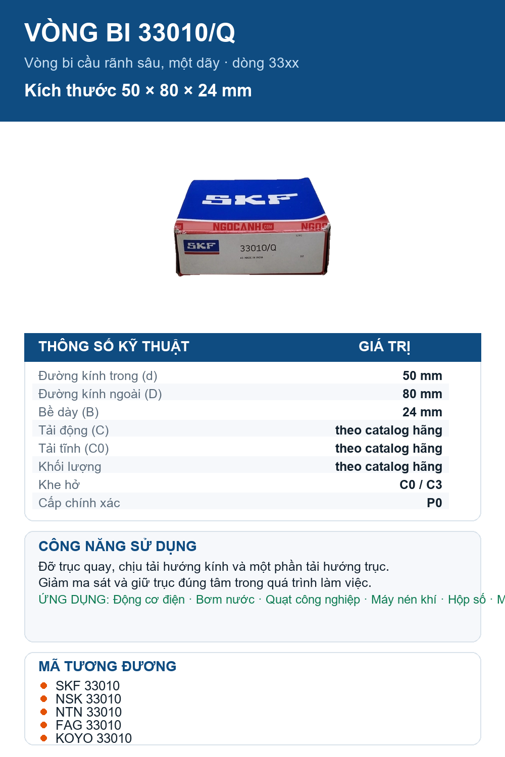 Vòng bi SKF 33010/Q 50x80x24mm — Ảnh thông số (Pinterest)
