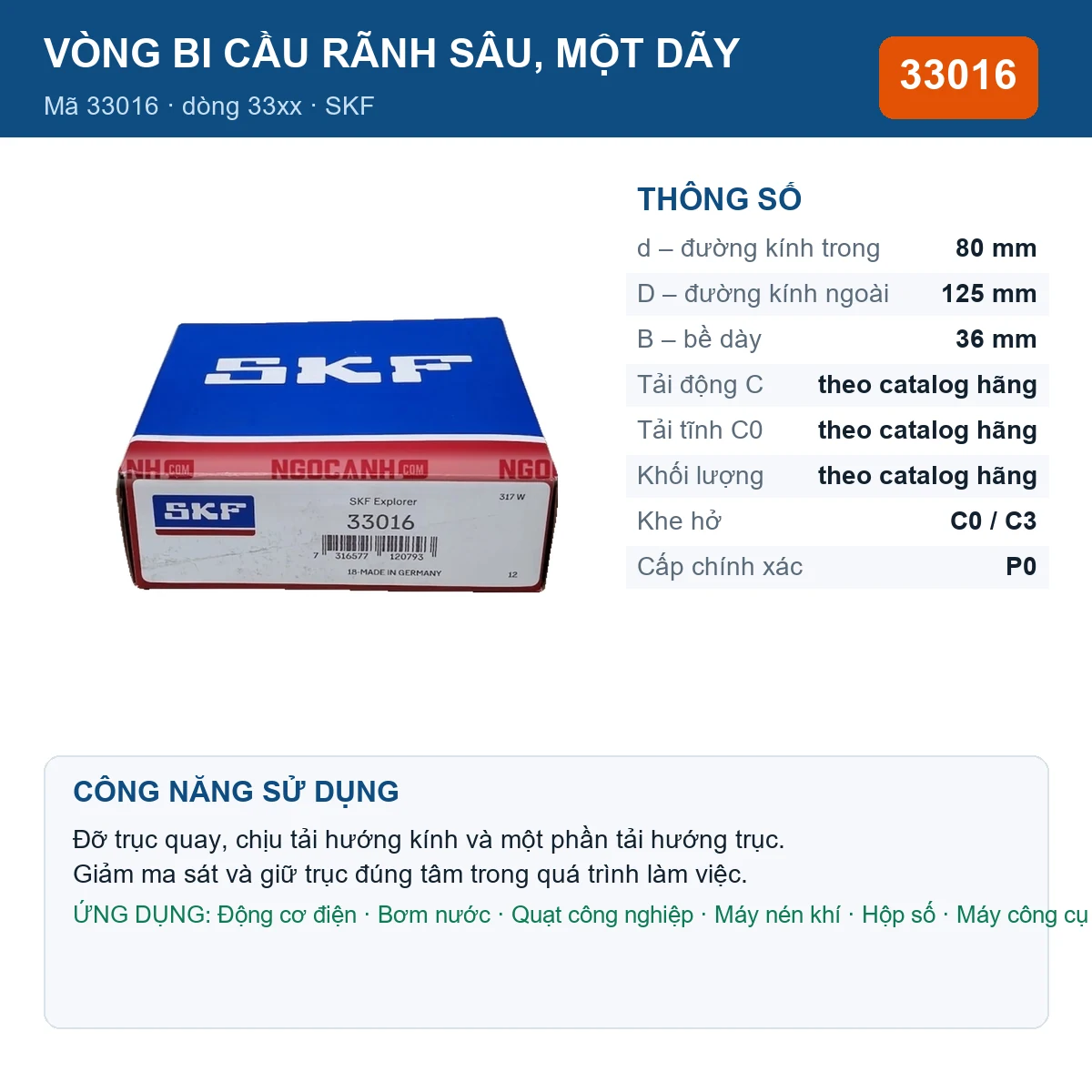 Vòng bi SKF 33016 — kích thước 80x125x36mm